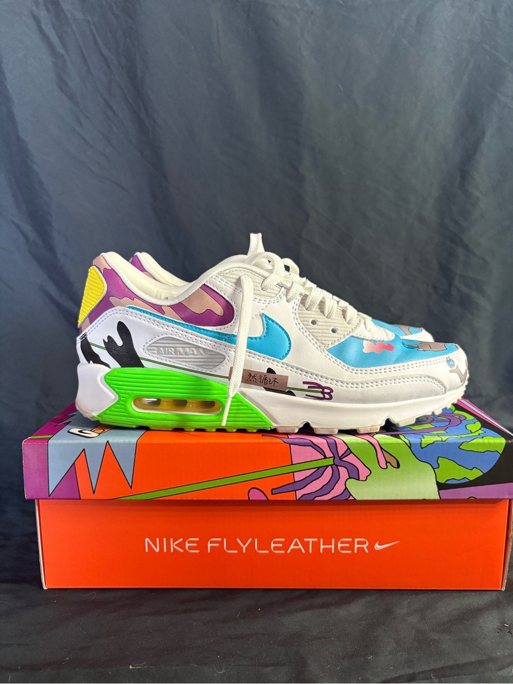 Nike Men's White Sneakers with Cyan Swoosh & Neon Green Air Unit